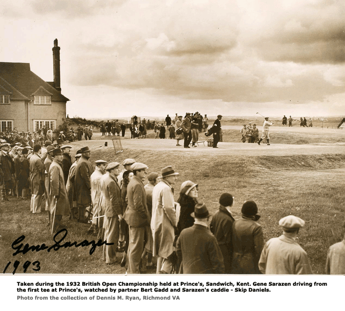 Gene Sarazen driving from the first tee at Prince's, watched by partner Bert Gadd and Sarazen's caddie - Skip Daniels