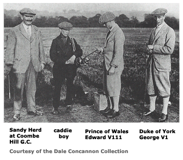 The Prince of Wales, Edward VIII and the Duke of York, George VI with Sandy Herd at Coombe Golf Course